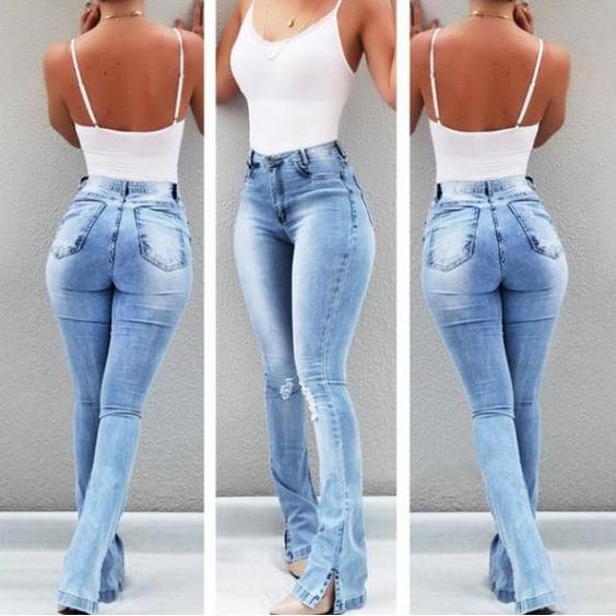 Hey23coming Lente Mode Stretchy Split Flare Hoge Taille Denim Office-lady Sexy Effen Split Jeans Damesmode Slanke Gescheurde Flare Broek met Zakken Broek XXL blauw