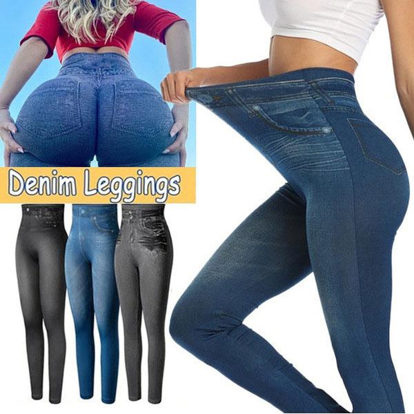 Twelve Month Stretch goed Fitness nepzakken Hoge taille leggings Faux denim jeans Sexy elastische jeggings Zachte casual dunne potloodbroek XXXXXL zwart