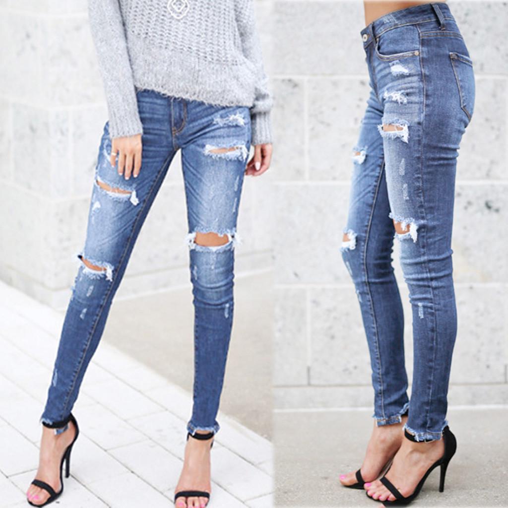 KM83CG Casual dames skinny gescheurde jeans Distressed denim broek met gatenbodems M blauw