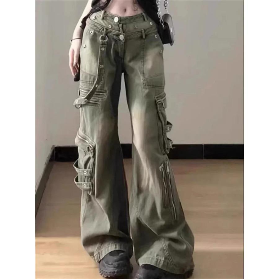 EG76LD Rockulzzang Cargo Jeans Broek Met Ritssluiting Dames 2024 Vintage Gewassen Jeans Met Wijde Pijpen Streetwear Rechte Lage Taille Broek L blauw