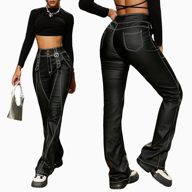 Rose Beauty A 90s Rave Punk High Waist Seam Detail Double Button Metal Ring Decor PU Leather Flared Leg Pants XS zwart