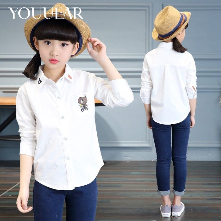 YOUULAR Tieners School Shirt voor Meisjes Blouse Katoen Wit Lange Mouw Cartoon Geborduurde Tops Lente Herfst Kinderkleding 120