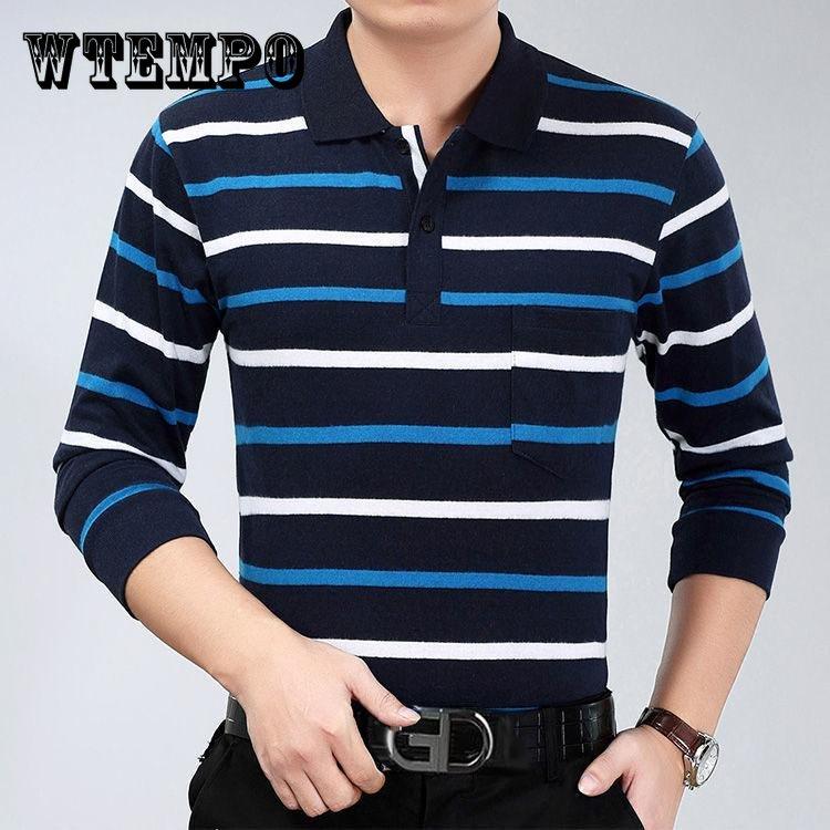 WTEMPO Heren POLO met lange mouwen Herfst Business heren Middelbare leeftijd en ouderen Grote maat Gestreept T-shirt Revers Top XXXL