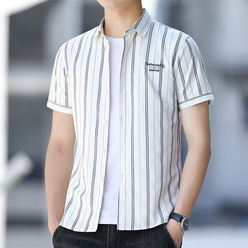 Fashion human Summer new men's short-sleeved shirt Korean version of the trend of simple simple Slim striped casual handsome shirt men's clothing M wit