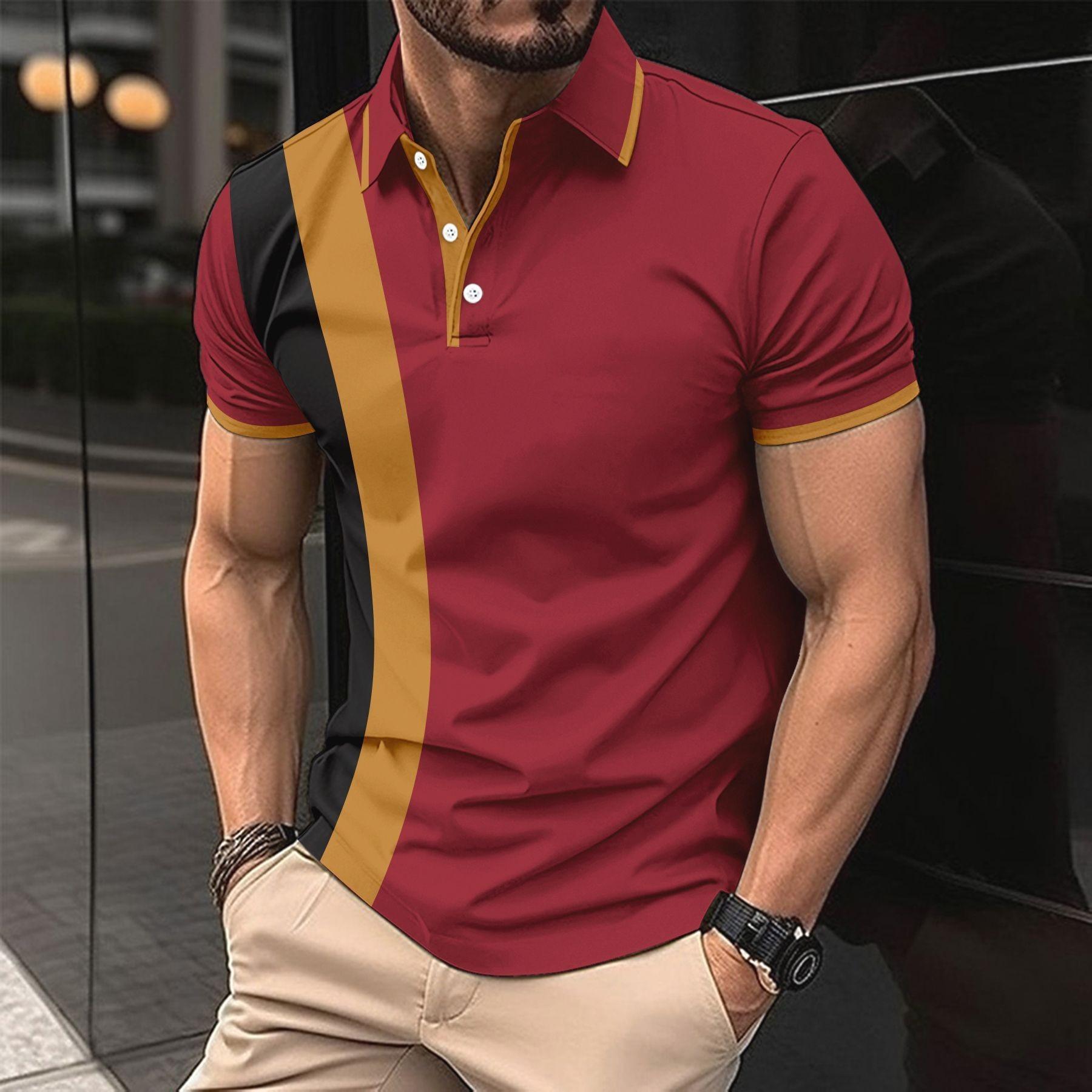 Fashion human New men's casual POLO shirt chest printing lapel buttons business colour blocking match T-shirt tops S bordeaux