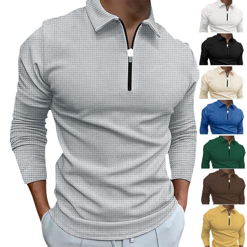 Fashion human Nieuwe wafel rits lange mouw polo shirt heren t-shirt top 8 kleuren S wit