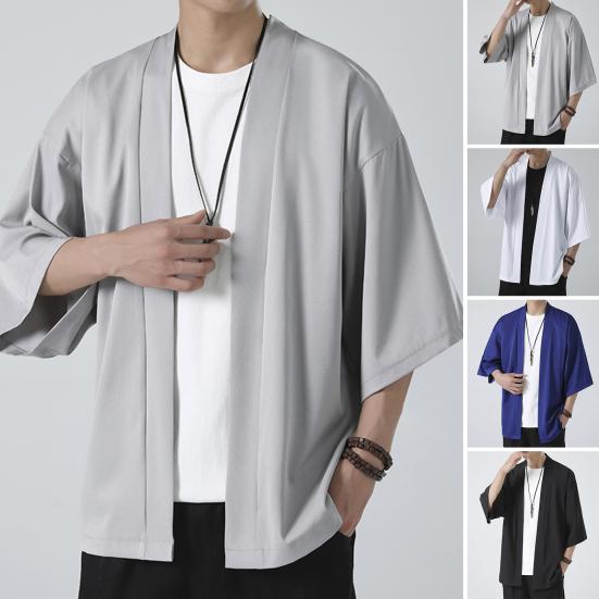 Chosyin Herenoverhemd Kimono Japanse Stijl Effen Kleur Samurai Kostuum Aziatische Kleding Driekwart Cardigan Herenoverhemd Jas XL lichtgrijze kleur