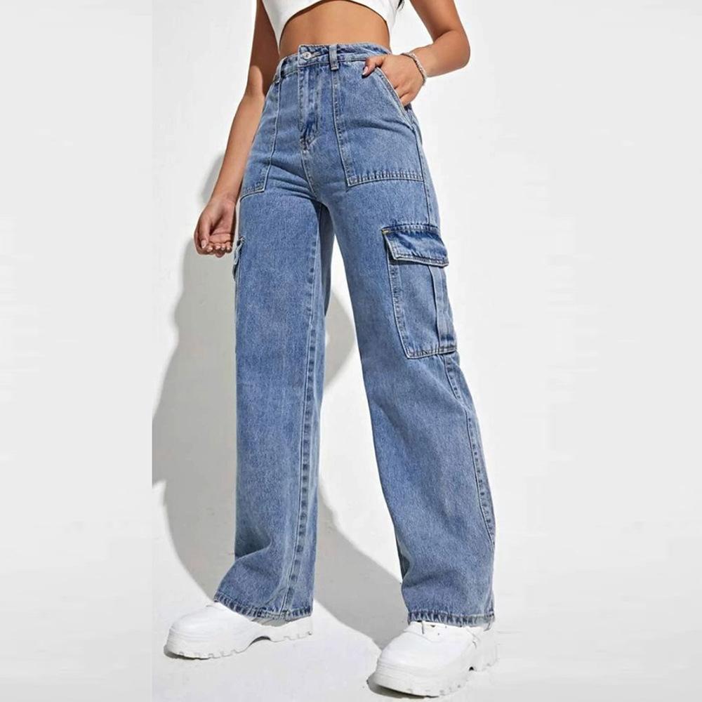 Roser Vrouwen Wijde Pijpen Baggy Jeans Dame Vintage Punk Hoge Taille Losse Cargo Denim Broeken Streetwear Zakken Trashy Skater Broeken XL blauw