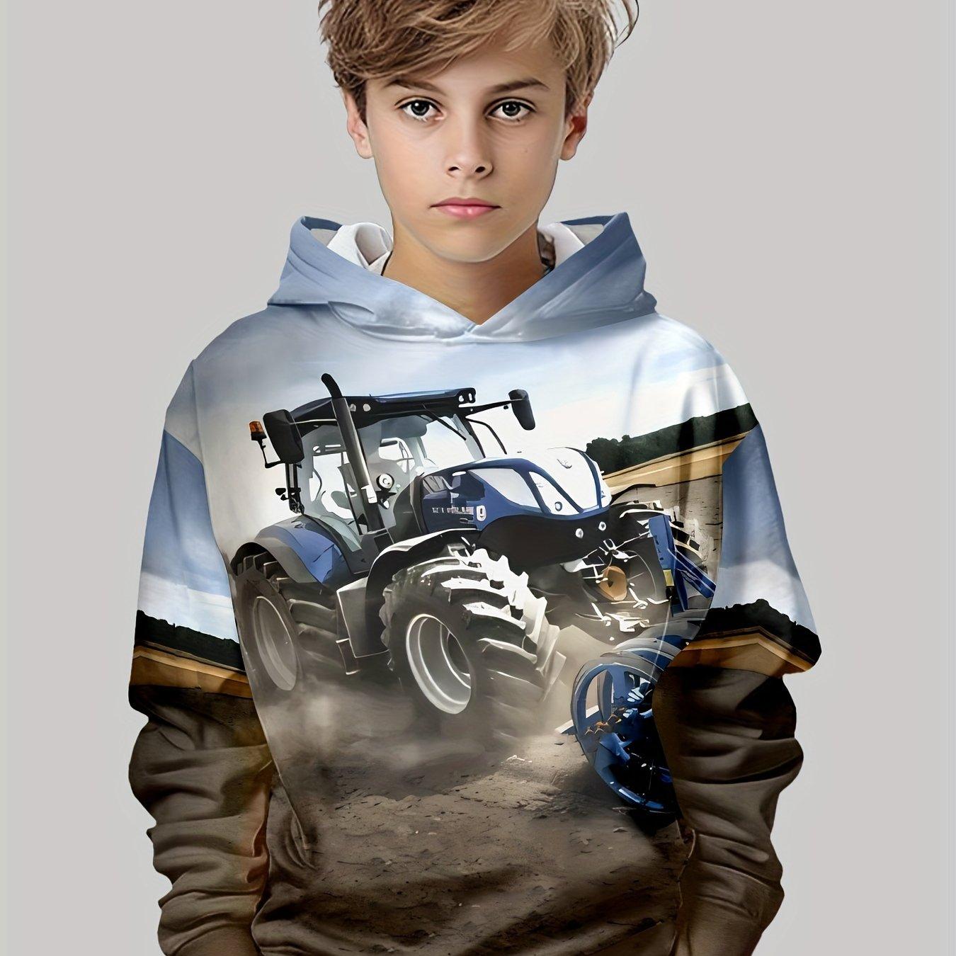 ETST 006 Boys 3D Tractor Print Fashion Sweatshirt Polyester Spandex Blend Casual Hoodie with Long Sleeves 100