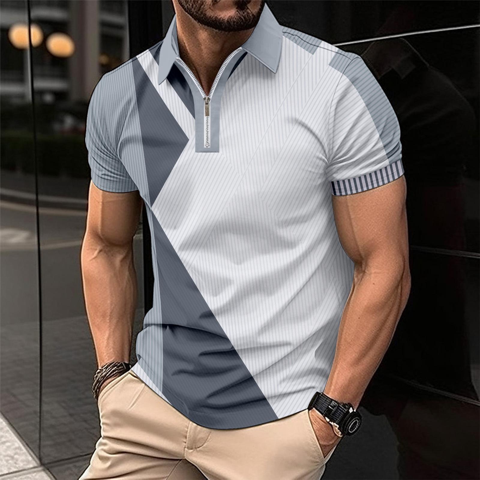 Fashion human Summer new men's casual short-sleeved lapel zip polo shirt S