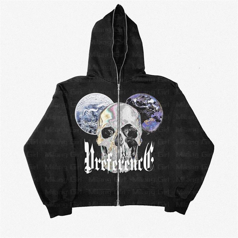 HipHop Fashion Hip Hop Jogger Sweatshirt Mode Punk Sportjas Trui Schedelpatroon Gothic Lange Mouw Rits Hoodie Y2k Jas Heren S zwart