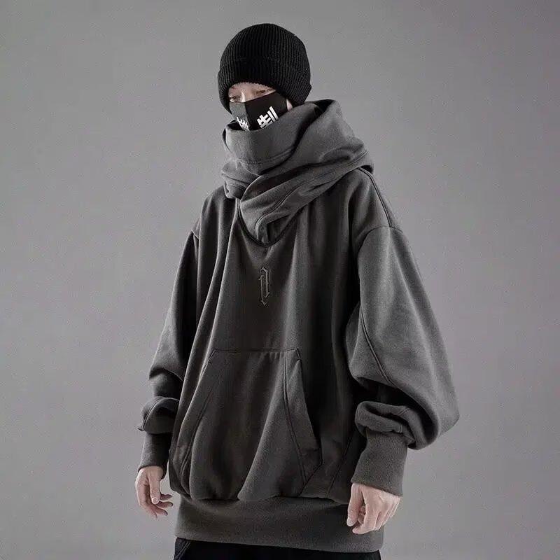 LIngzhi Borduurwerk Turtleneck Sweatshirt voor Heren Japanse Ninja Hoodies Herfst Hip Hop Fleece Zak Streetwear Oversized Hoody XXXL grijs