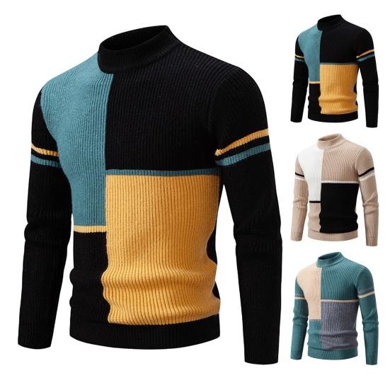 Bohuidadeng Fall Winter Men Sweater Colorblock Knitted Thick Slim Fit Warm Half-high Collar Long Sleeve Soft Pullover Elastic Mid Length Men Sweater 2XL grijs