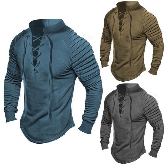 YE35MB Mannen Retro Stand Kraag Cross Lace-up Pullover Tops Geplooide Lange Mouw Effen Kleur Slim Fit Casual T-shirt Streetwear 2XL blauw