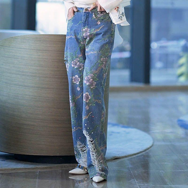 PJ78HG Bloemenprint Dames Jeans Denim Broek met Gescheurd Gat Mode Casual Plus Size Broek Losse Rechte Vriendje Vintage Y2k 3XL blauw