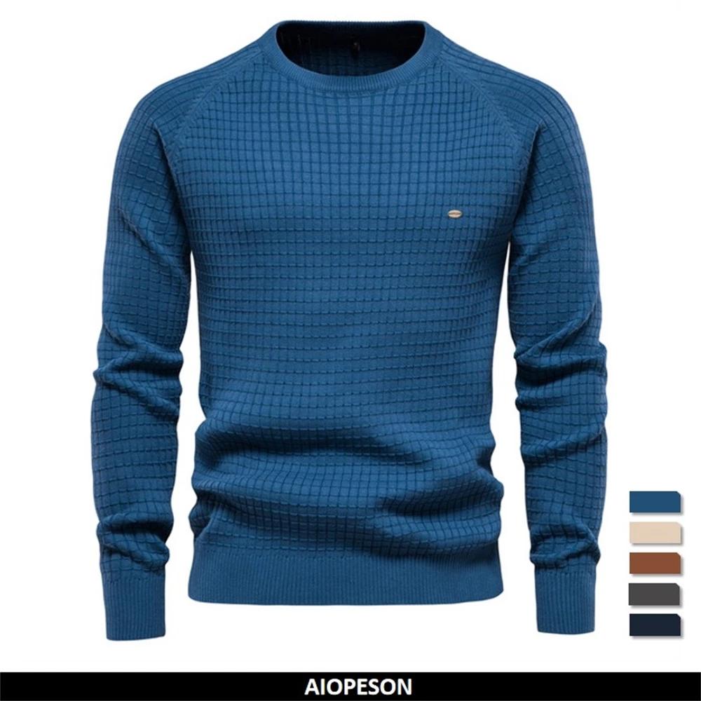 AIOPESON Men Fashion AIOPESON Katoen mannen Trui 2022 Nieuwe Winter Herfst Soild Plaid O-hals Trui Mannelijke Kwaliteit Truien Voor Mannen Mode Kleding USA S 50-60 kg blauw