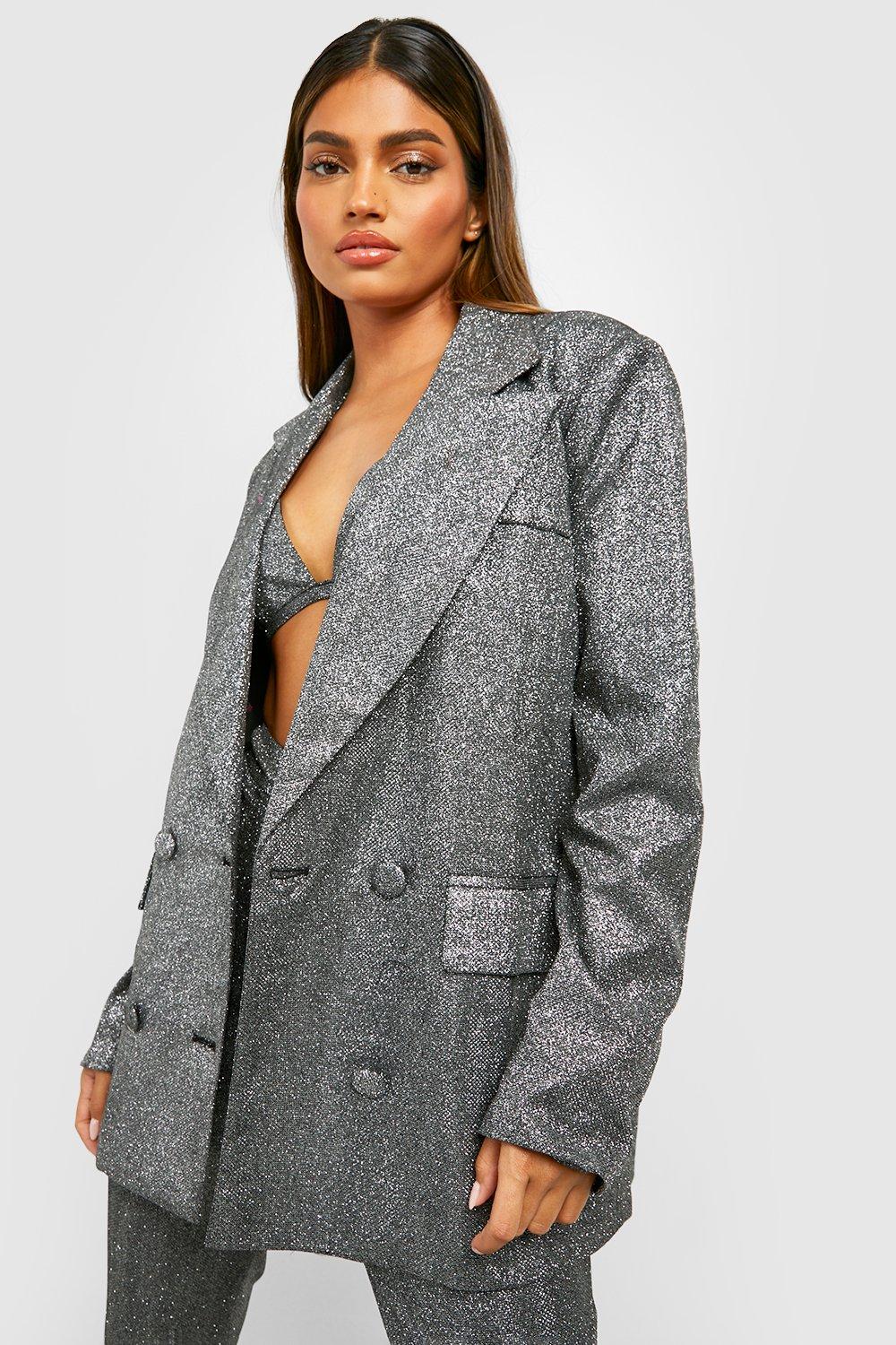 Boohoo Oversized Getailleerde Glitter Blazer, Silver