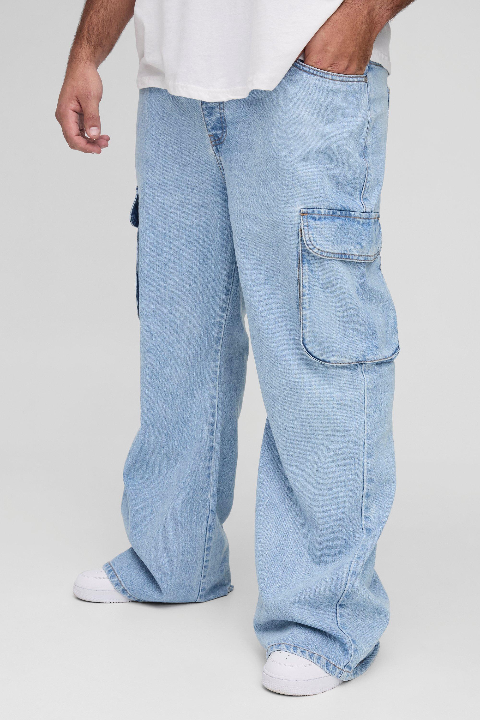 Boohoo Plus Onbewerkte Baggy Cargo Jeans Met Wijde Pijpen, Light Blue