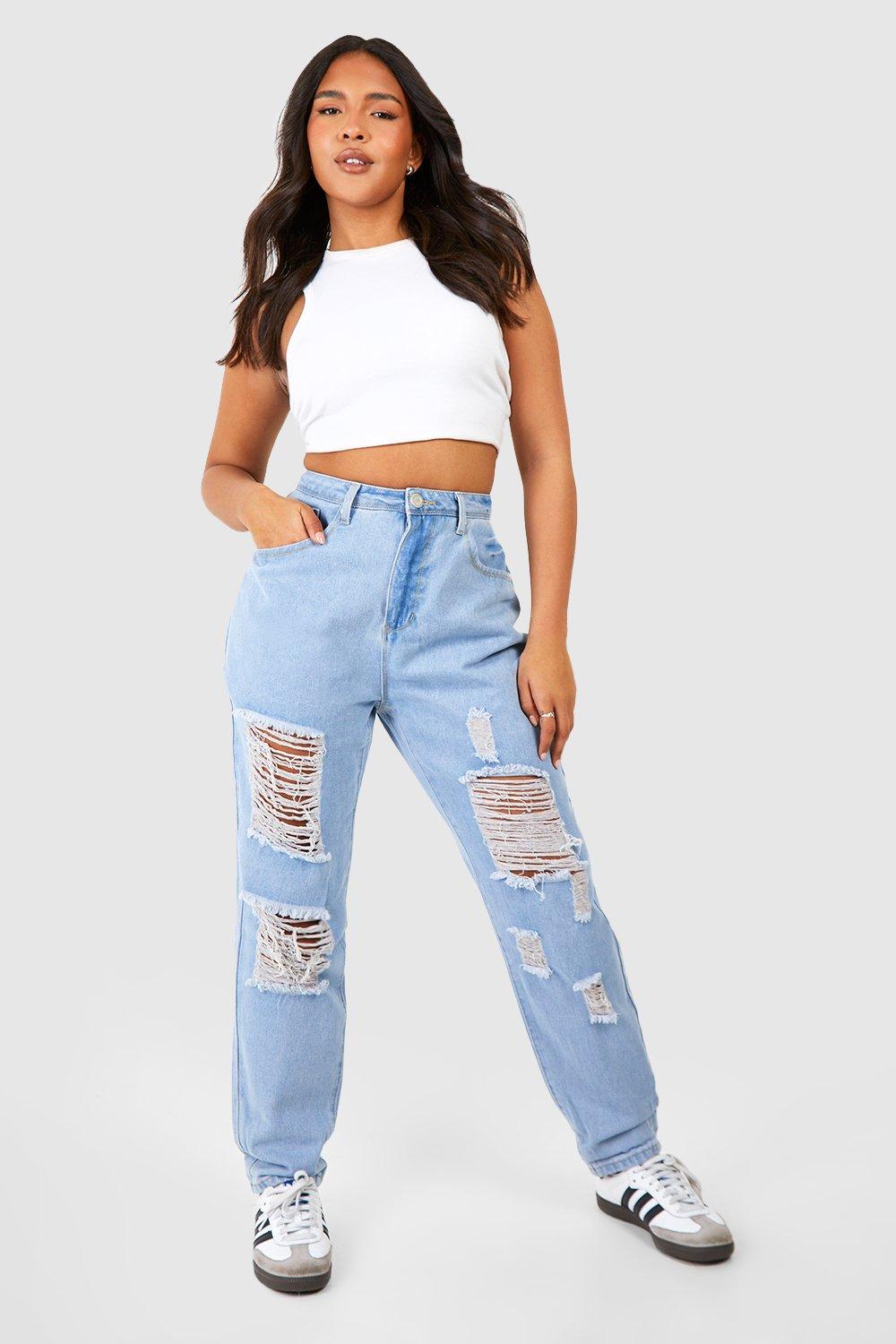 Boohoo Plus Gescheurde Acid Wash Gebleekte Mom Jeans, Acid Wash Light Blue