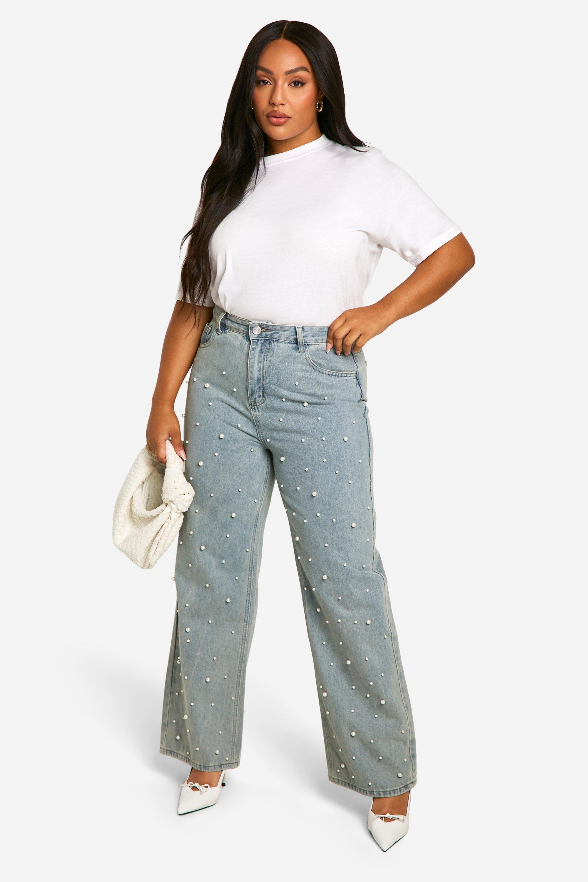 Boohoo Plus Wide Leg Jeans Met Parels, Light Wash