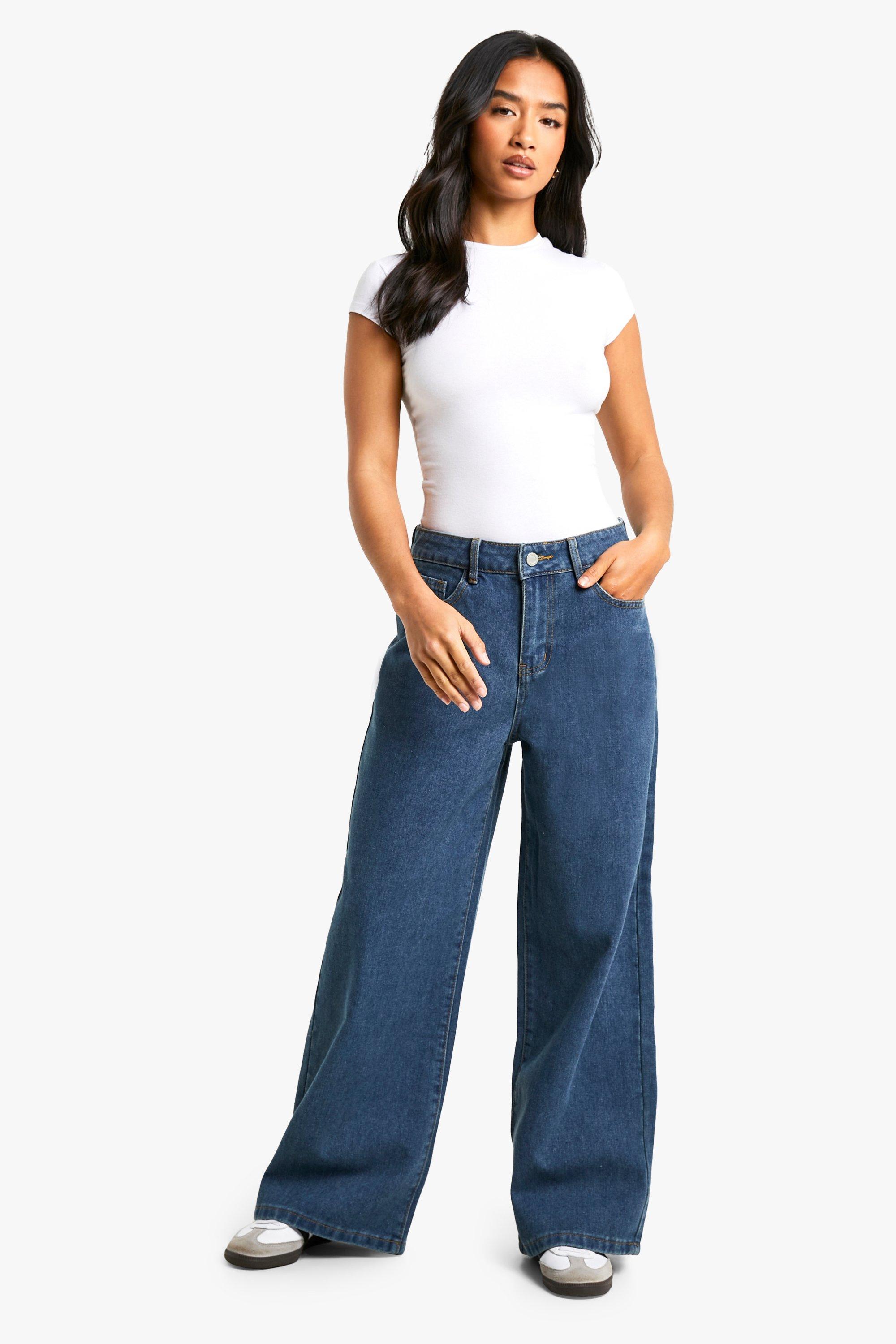 Boohoo Petite Basic 26 Inch Wide Leg Jeans, Mid Blue