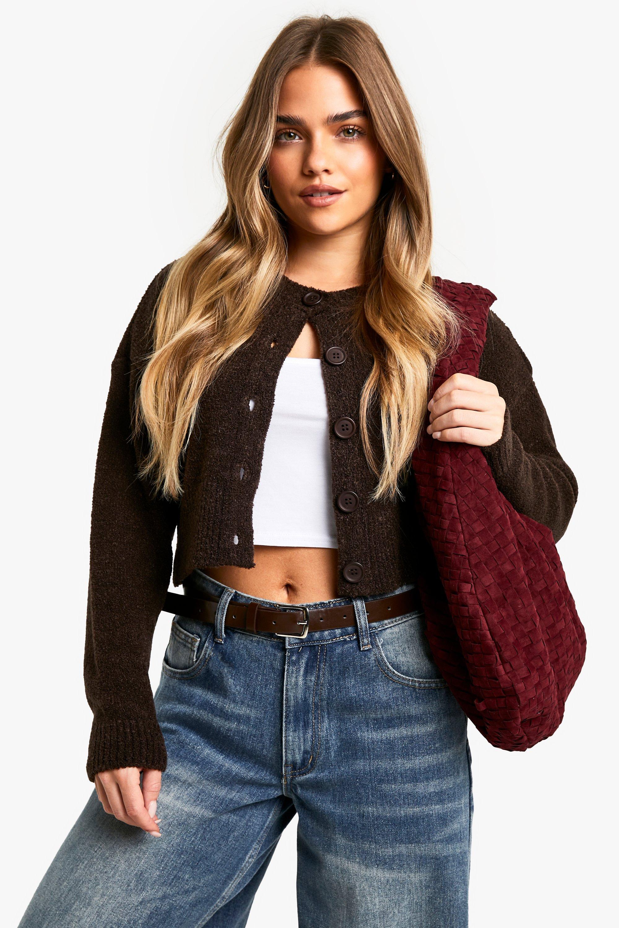 Boohoo Petite Boucle High Neck Cardigan, Chocolate