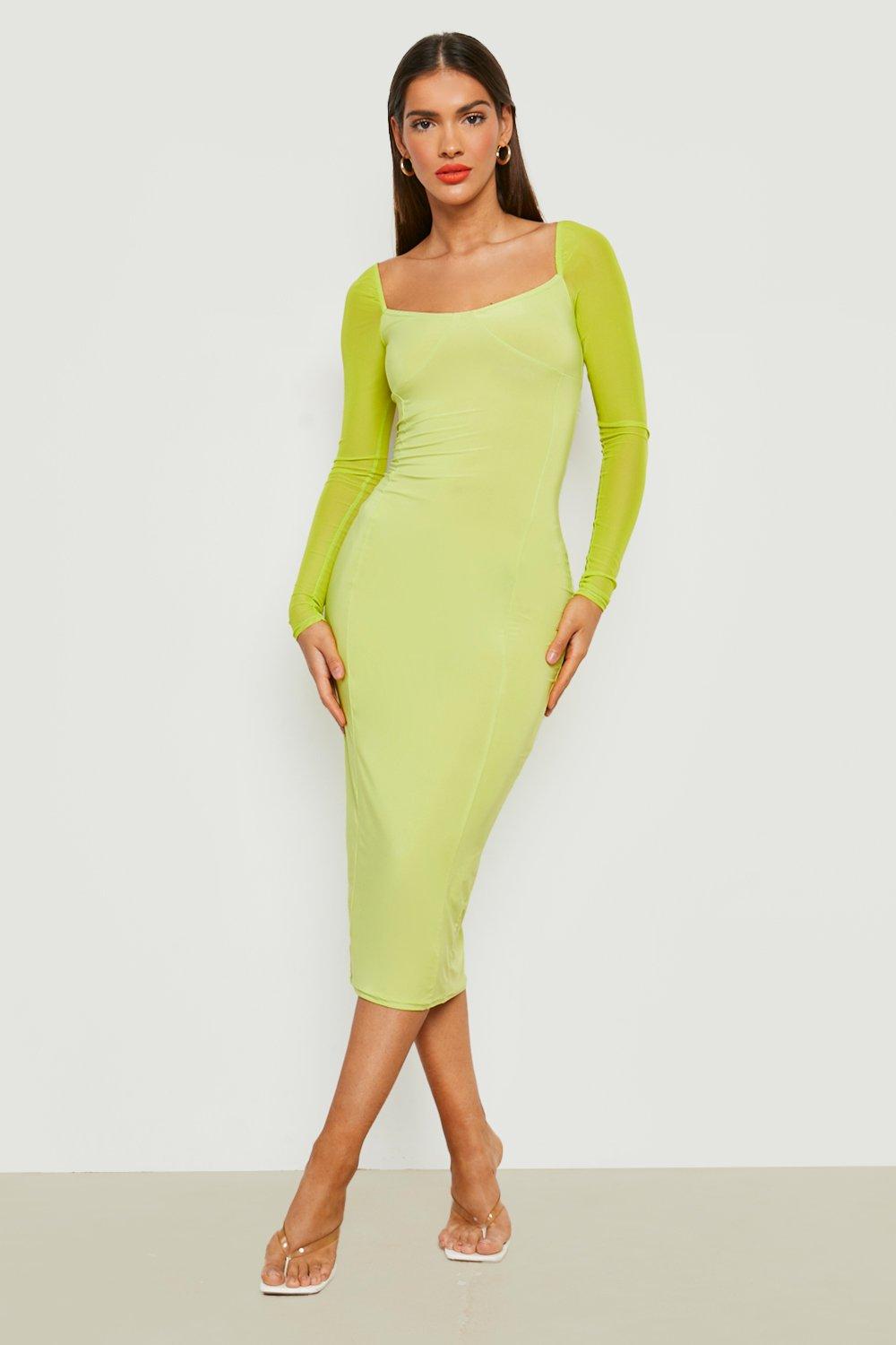 Boohoo Strakke Midaxi Jurk Met Mesh Mouwen, Lime