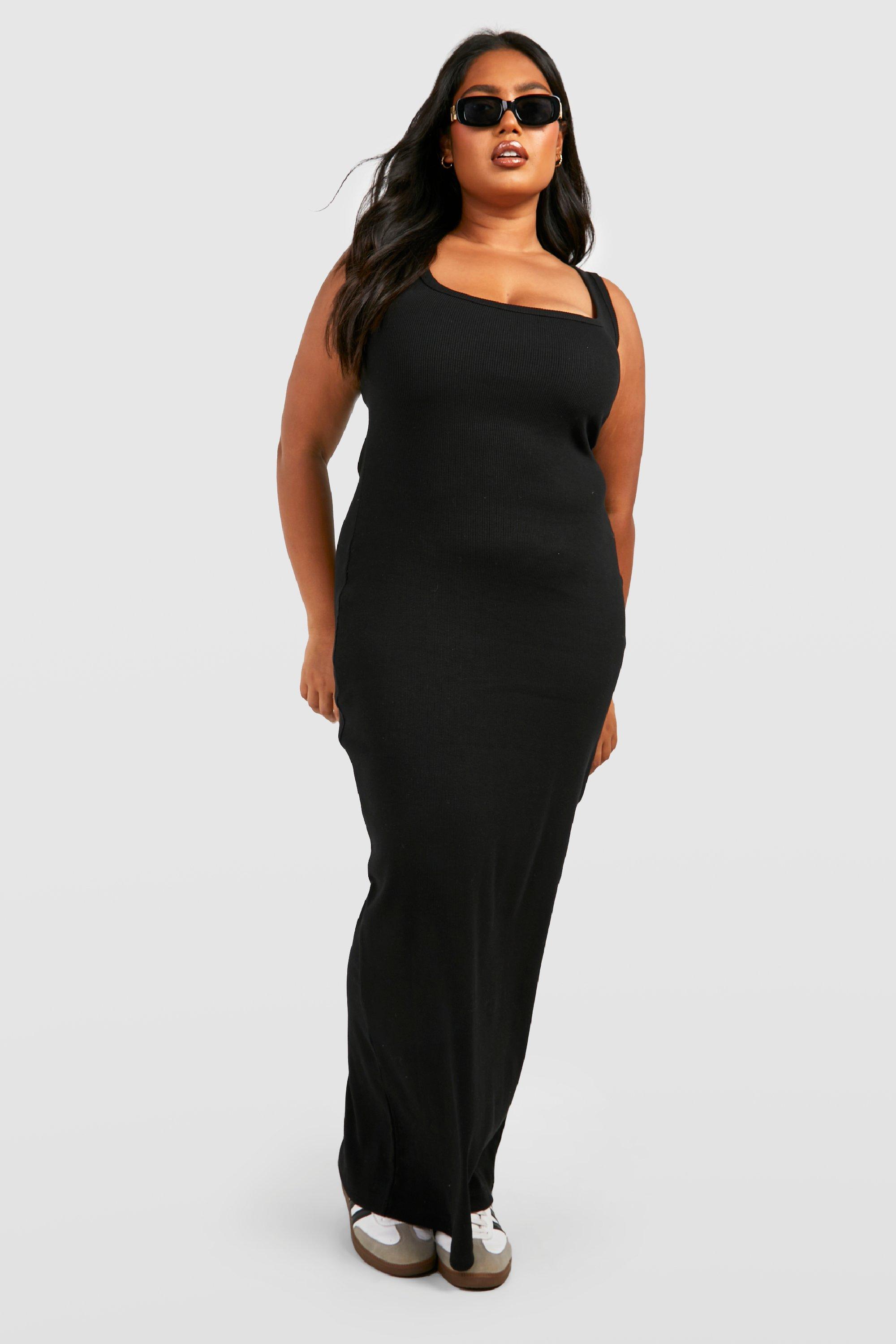 Boohoo Plus Premium Geribbelde Maxi Jurk Met Lage Ronde Hals En Naaddetail, Black