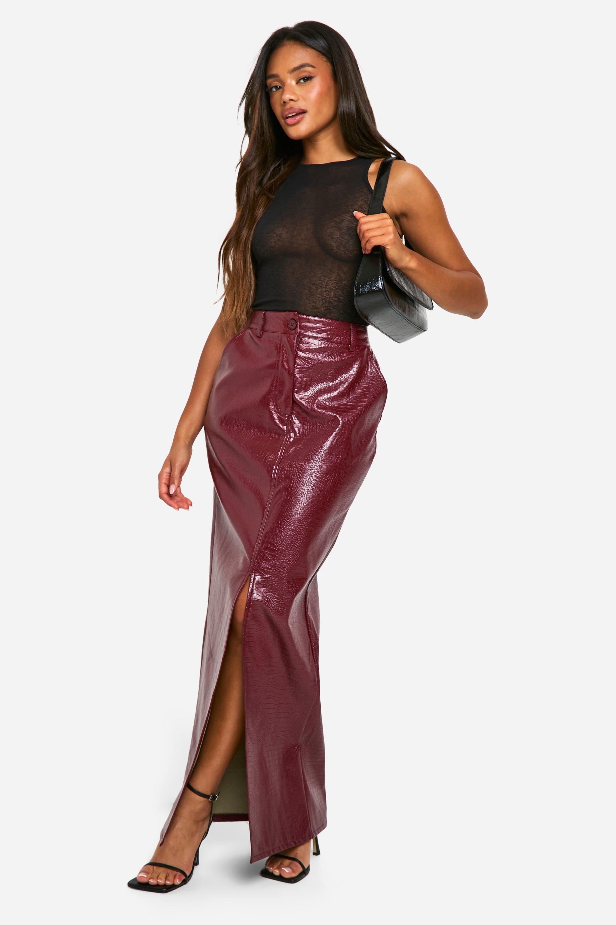 Boohoo Pu Krokodillen Maxi Rok Met Split, Berry