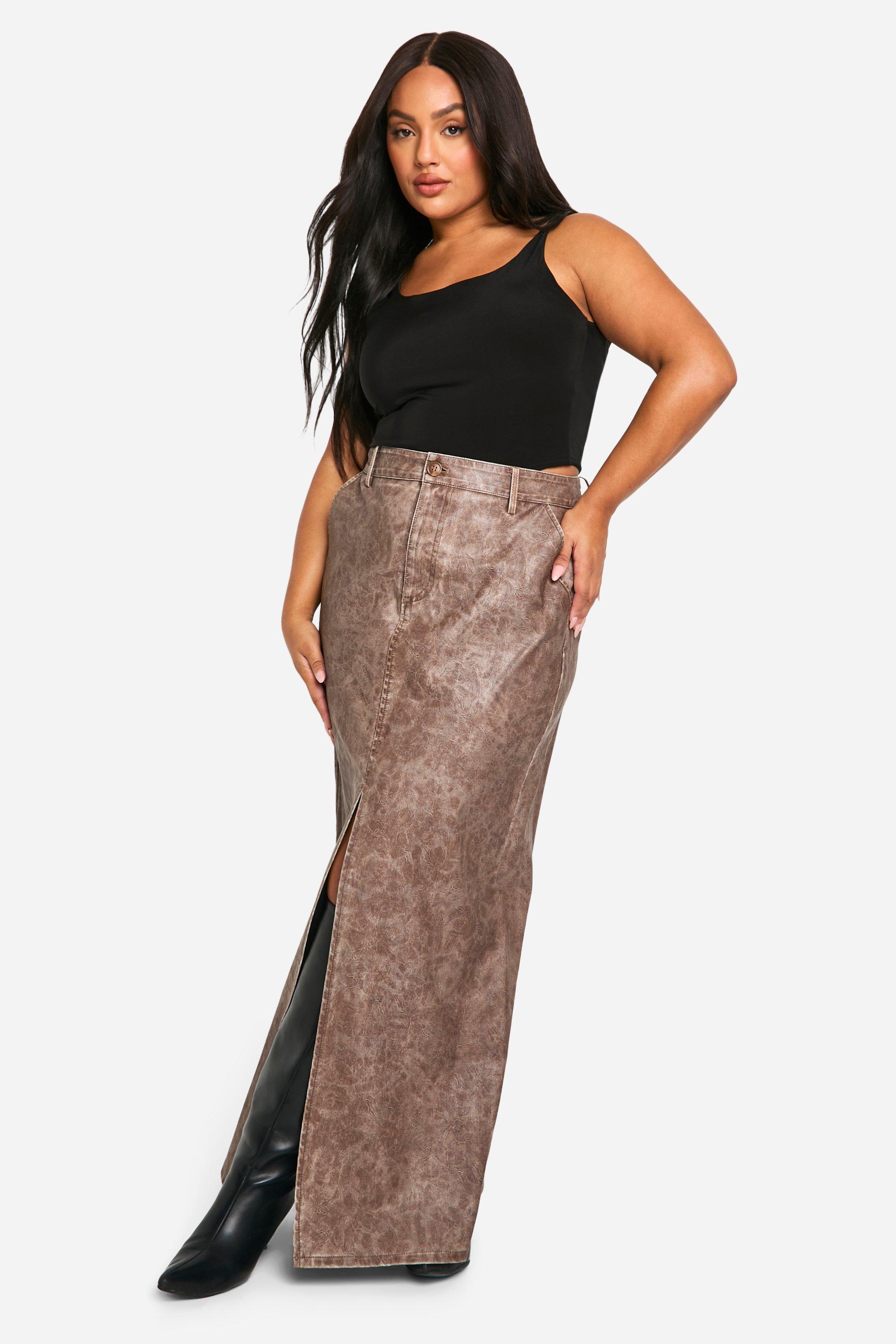 Boohoo Plus Gebleekte Pu Maxi Rok Met Split, Brown