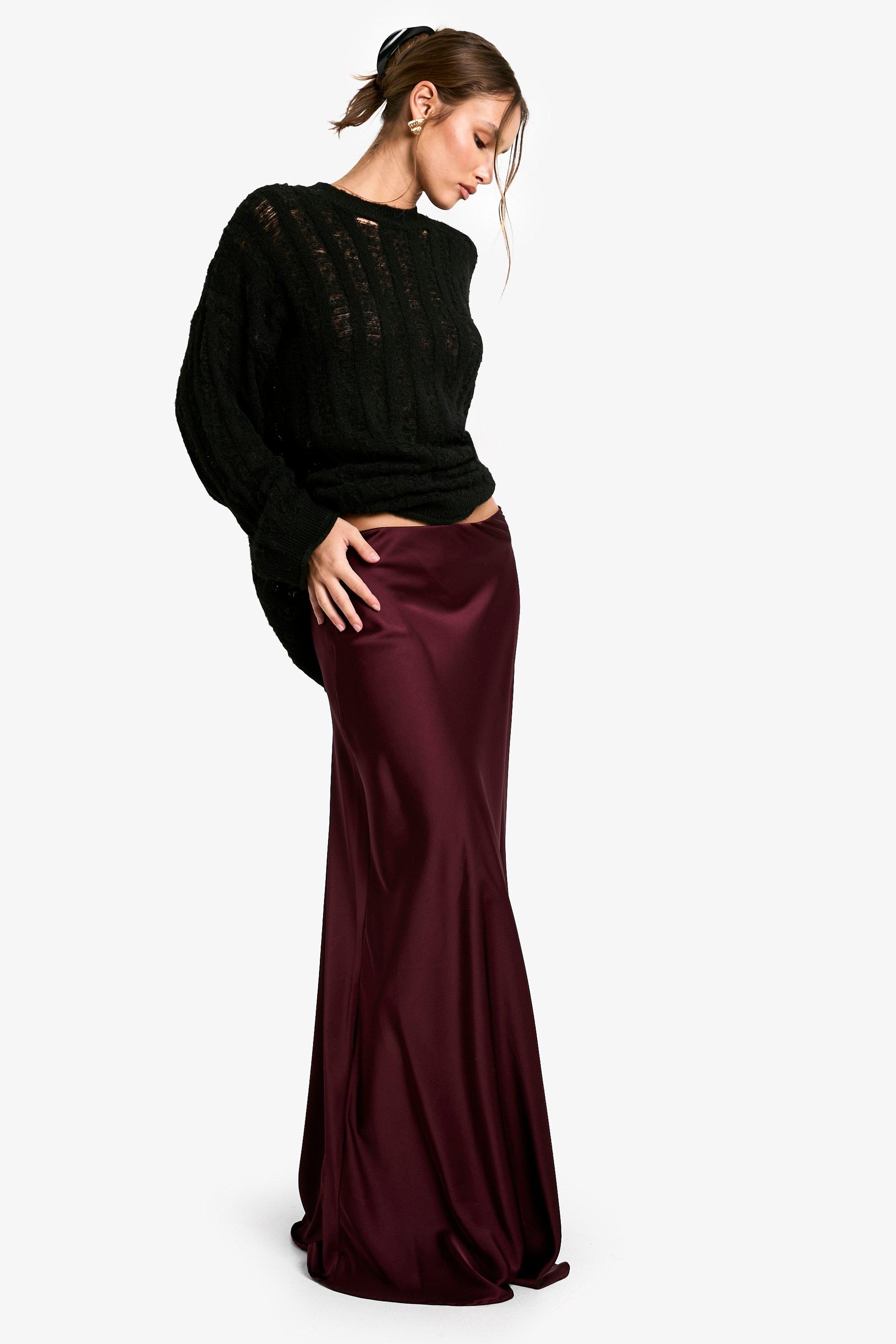 Boohoo Satijnen Maxi Slip Rok, Burgundy