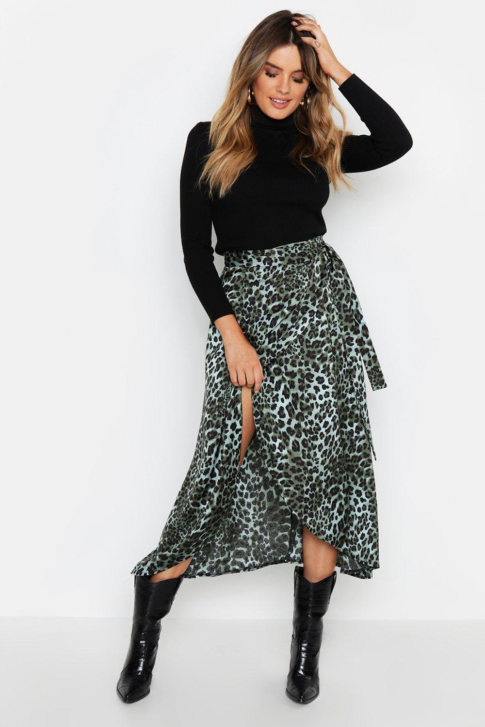 Boohoo Groene Satijnen Luipaardprint Midaxi Wikkel Rok, Green