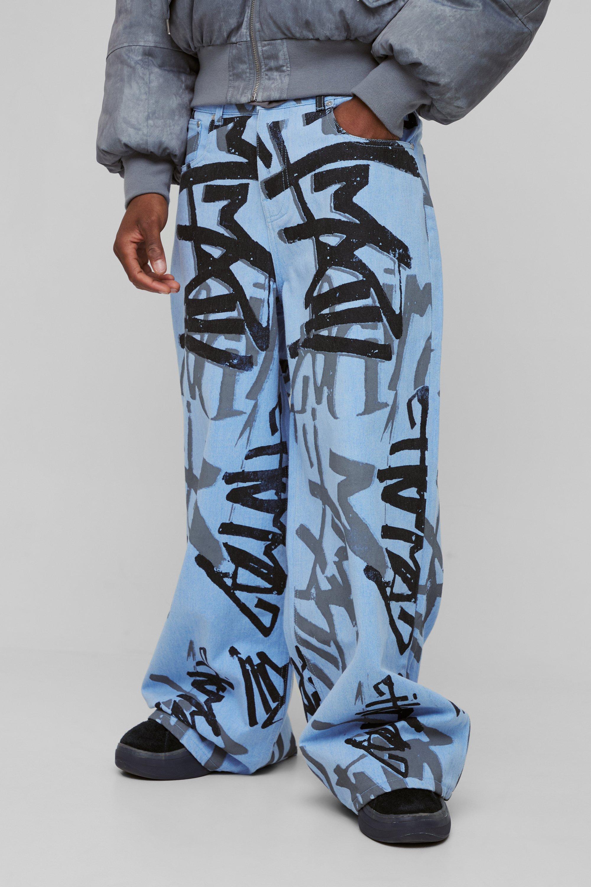 Boohoo Extreem Baggy Graffiti Jeans, Blue