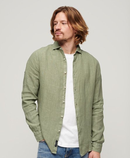 Superdry Mannen Casual Linnen Overhemd met Lange Mouwen Groen