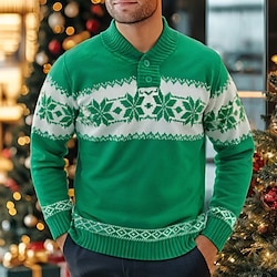 Light in the box Voor heren Trui Kerst Truien Kerst trui breien Jacquard Sneeuwvlok Henley Kraag Kerstmis Gebreid Kerstmis Huis Kleding Lente Herfst Groen Grijs MXL