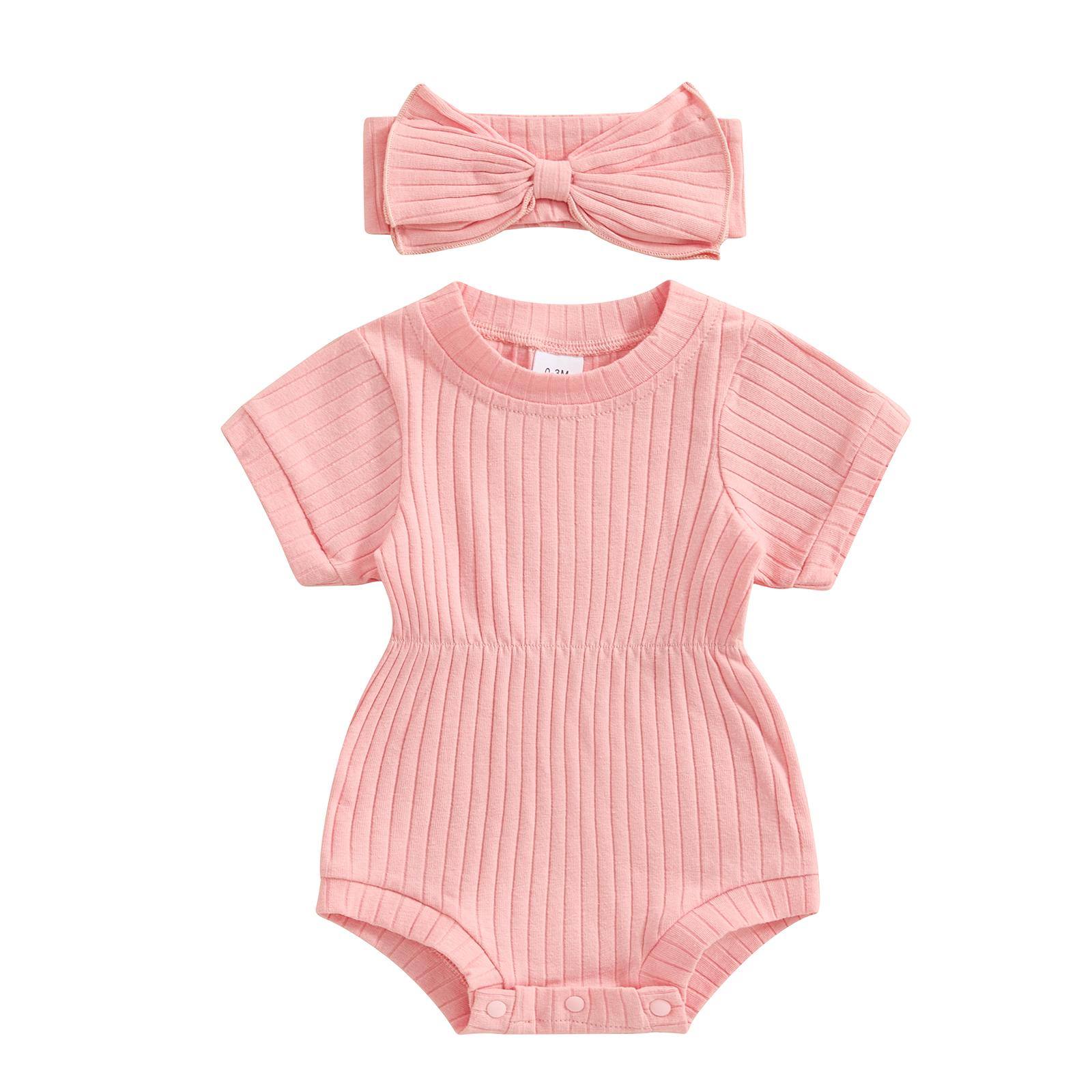 Little Fashionistas Pasgeboren Meisjes Outfit 3 6 9 12 18 Maanden Korte Mouw Ronde Hals Effen Bodysuit met Strik Hoofdband Zomerkleding