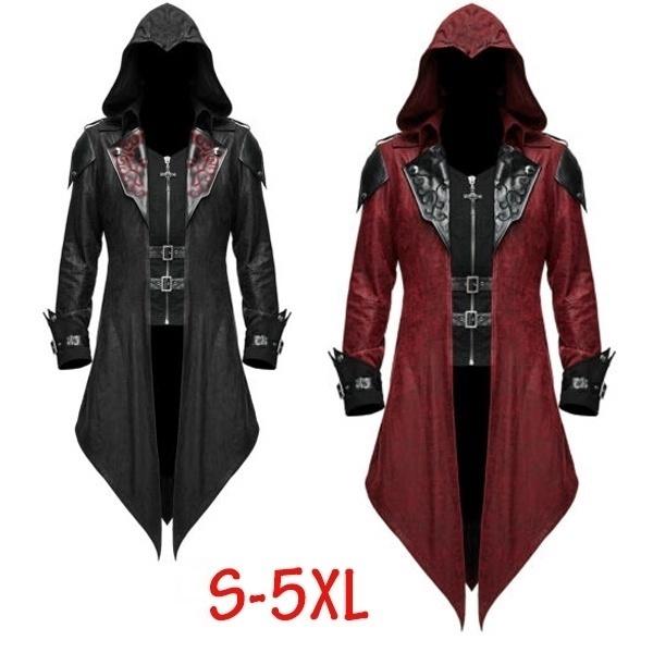 Lucky Pig S-5XL Heren Nieuwe Mode Duivel Mode Heren Gotische Stijl Capuchon Jas Rood Zwart Diesel Punk Assassin Creed Cosplay Kostuum Cardigans Jas voor Heren S zwart