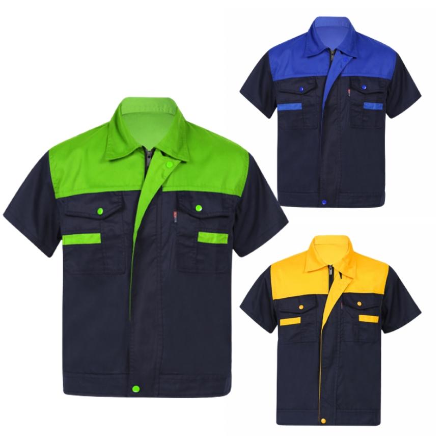 IEFiEL Motormonteuruniform voor heren Kleurblok Werkshirt met korte mouwen Turn-Down Kraag T-shirts Kosten Man Werkplaatsuniformen S groen