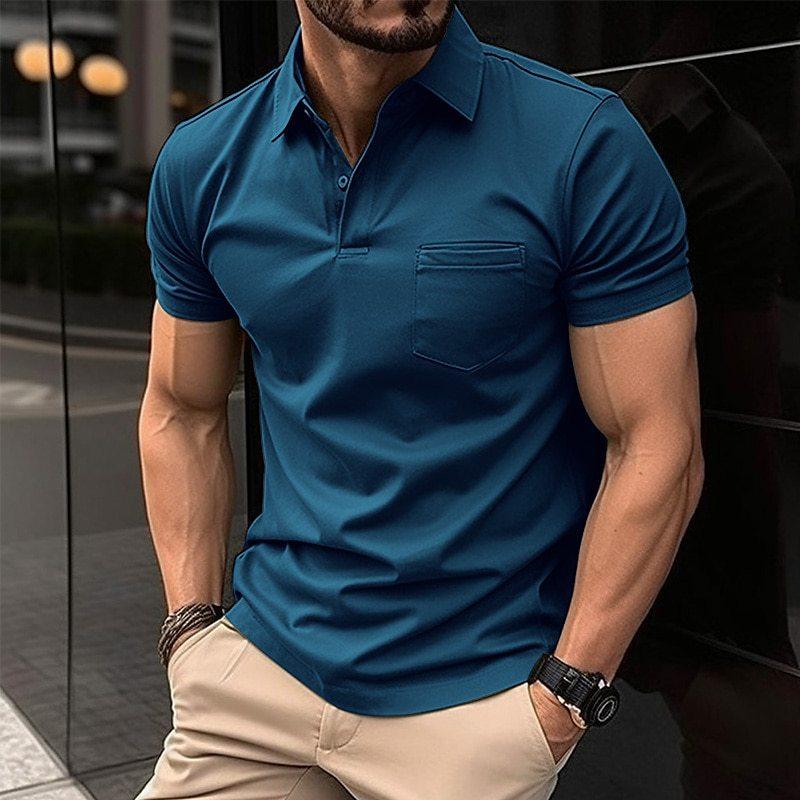 HerSight Zomershirt met korte mouwen Heren Knoppen Zak Effen Heren Sport-reversshirts Zwart Grijs Blauw Tops S legergroene kleur