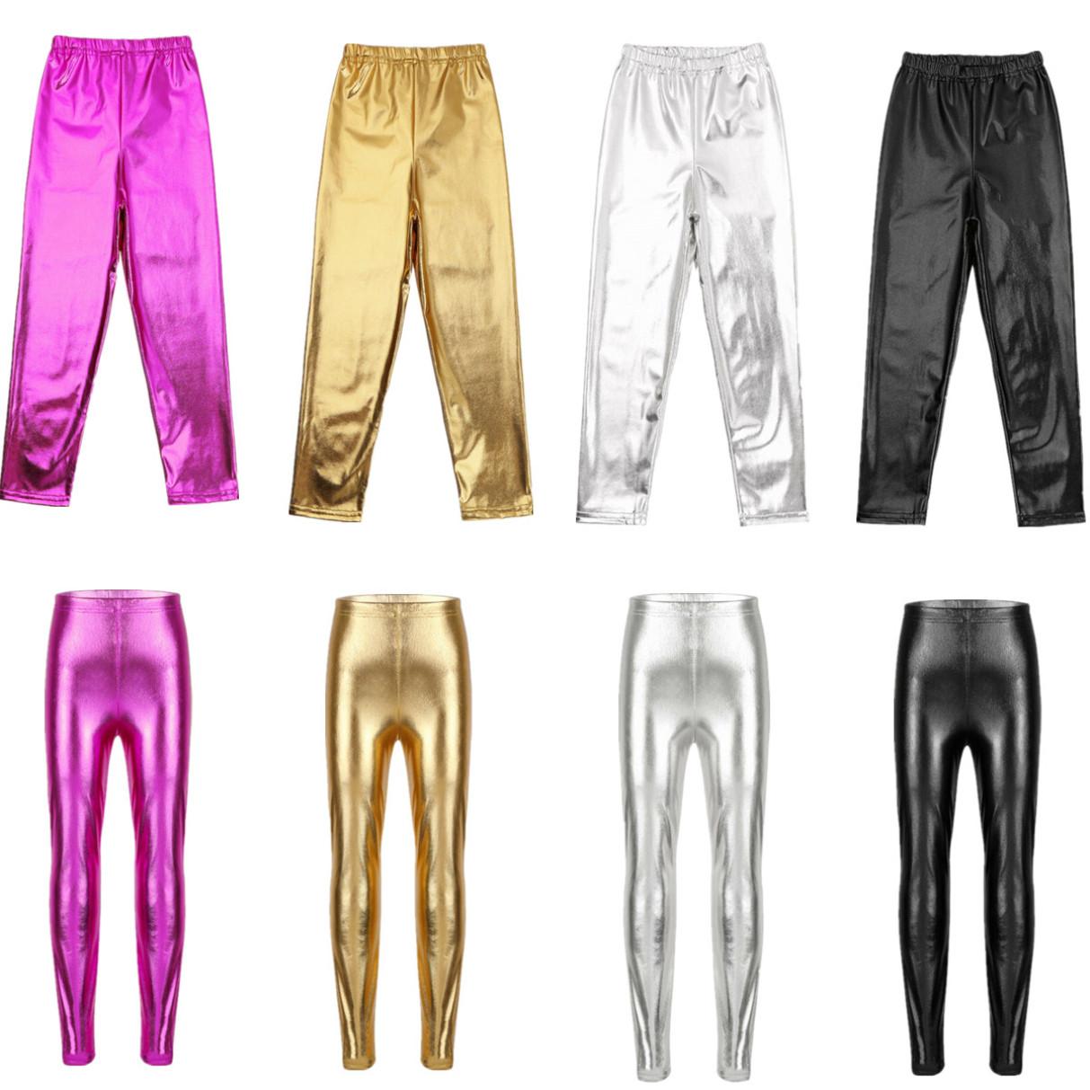 Manyakai Kinderen Meisjes Glanzende Metallic Basic Legging Broek Gymnastiek Ballet Dans Hoge Taille Panty's 10-12 Years zwart