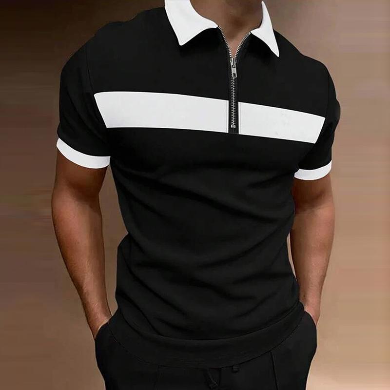 Haodingfushi Mannen lente zomer poloshirt met korte mouwen en rits, mannen stiksel print slim fit revers poloshirt. S