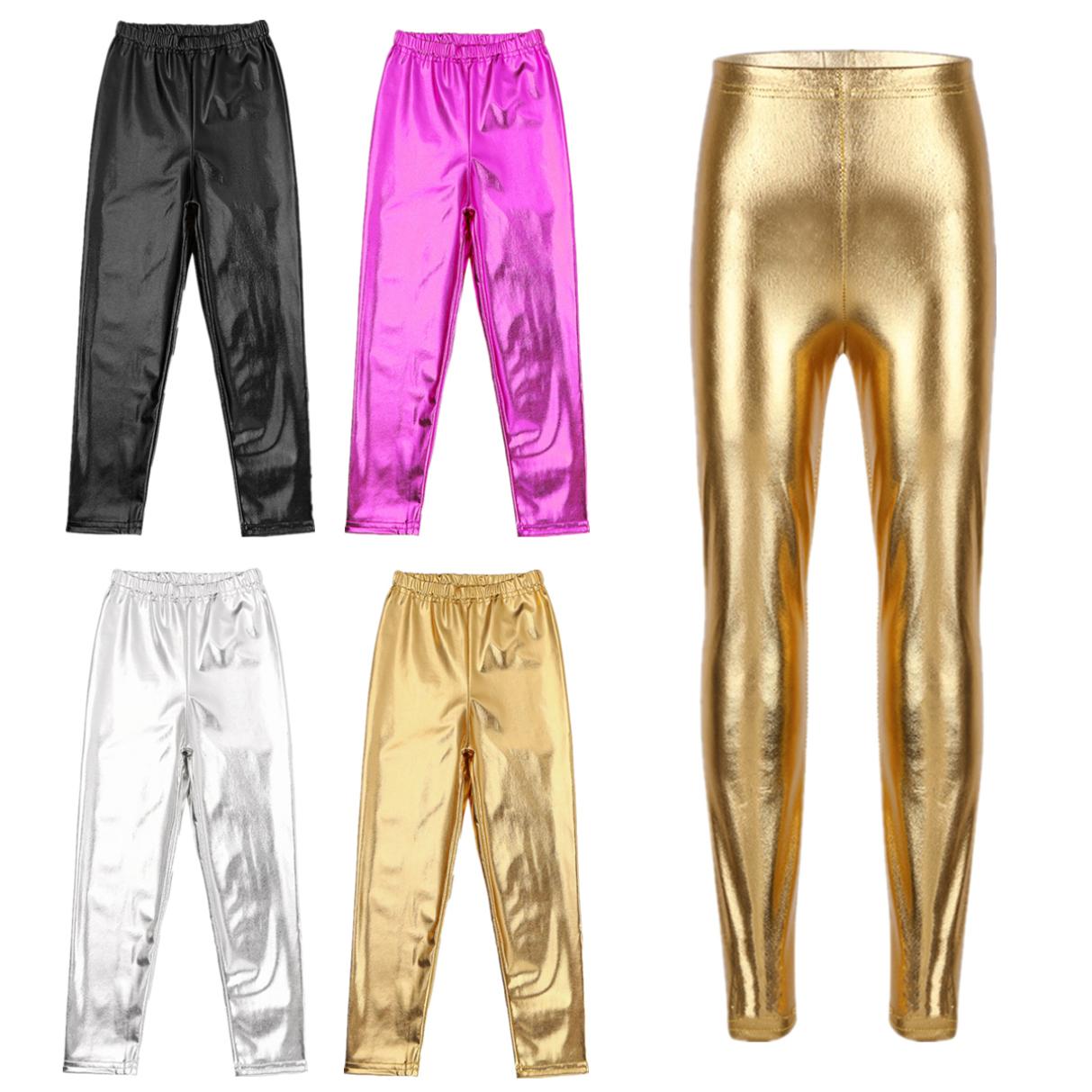 Tiaobug Metallic effen skinny broek voor kinderen, meisjes, dansshow, podiumprestaties, legging 5-6 Years zilver