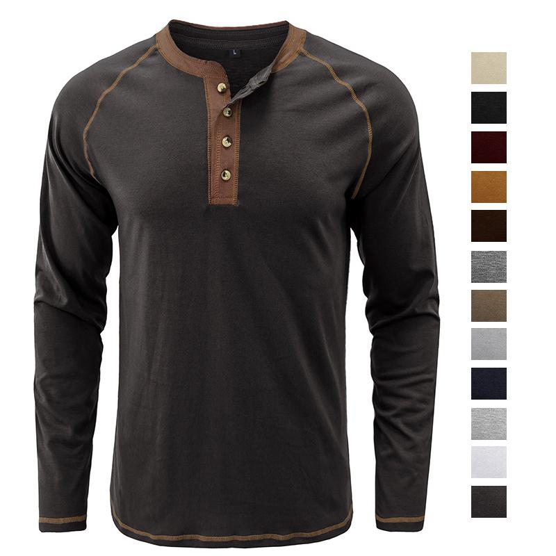 Bright Deer Herenoverhemden Lange mouwen Truien Katoen Henley-shirt Kleurblok Ronde hals Knopen Ondershirt Lente Herfst Vrijetijdskleding S donkere taupe kleur