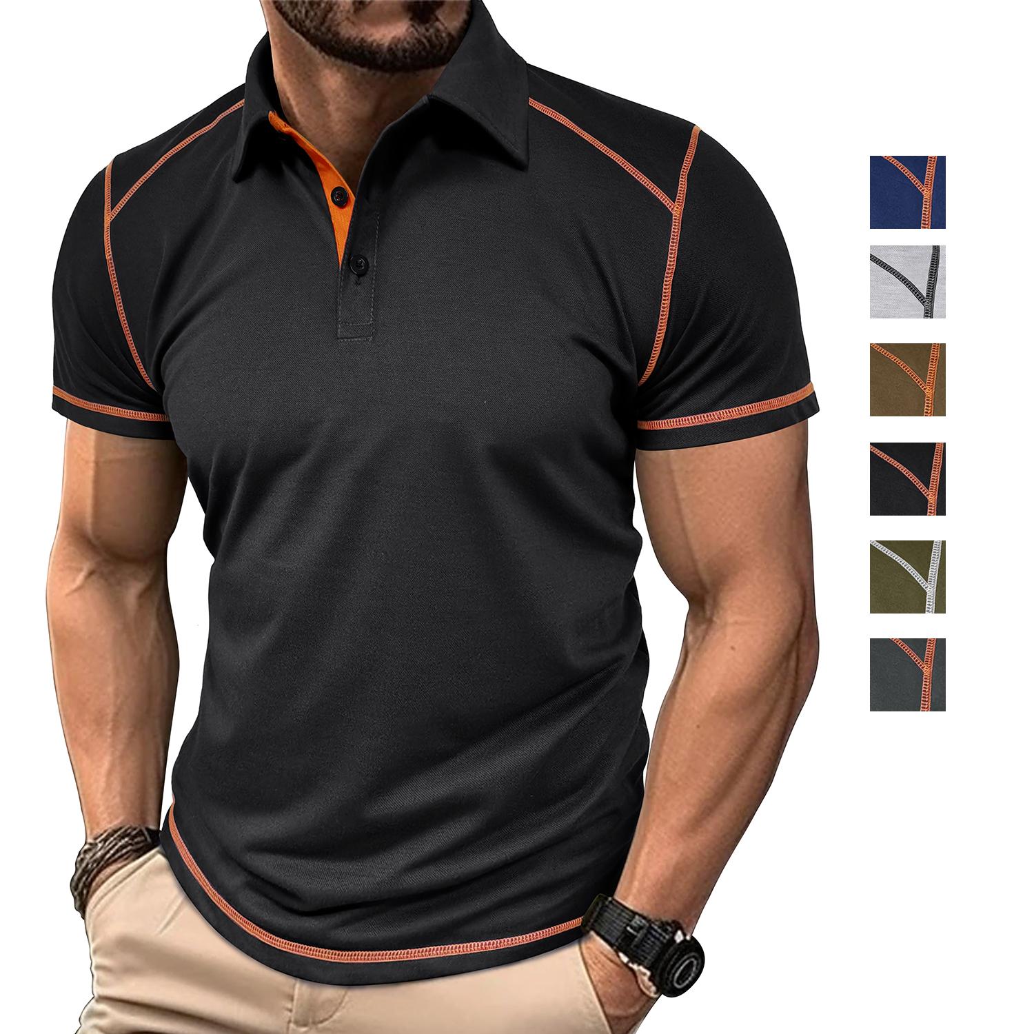 Bright Deer Polo T-shirt voor heren Katoen Korte mouwen Kleurblok Slim Fit Overhemden Ronde kraag Knoop Truien Lente Zomer Vrijetijdskleding S zwart