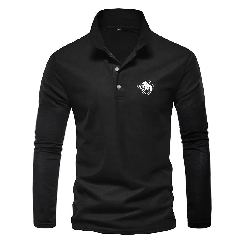 NH94YD Mannen mode poloshirt met pure kleur en lange mouwen en print, casual zakelijk poloshirt voor heren. L zwart