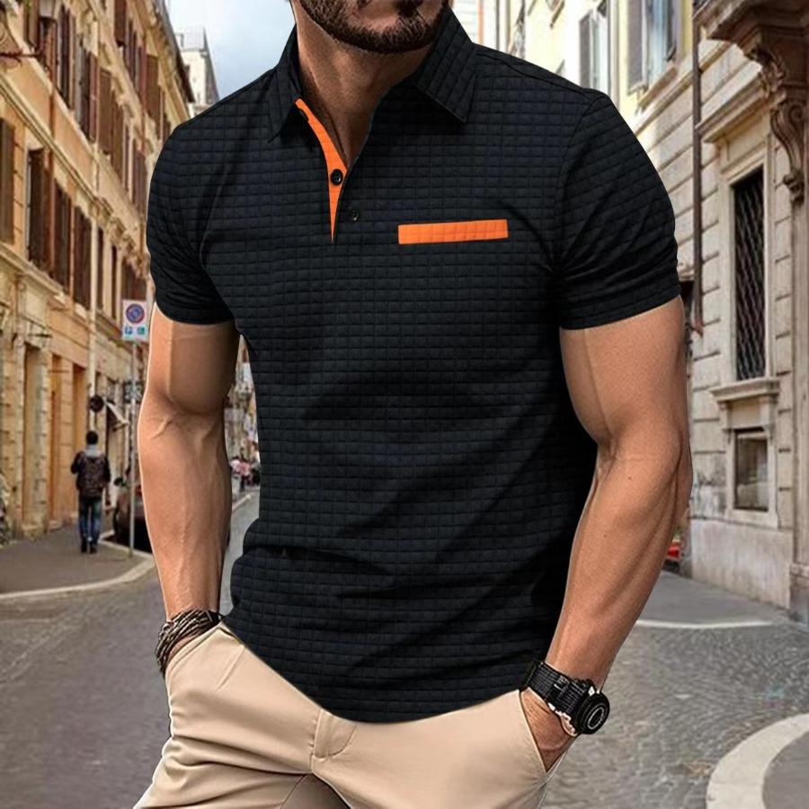 HerSight Zomer heren poloshirt knoopjacquard geruite patchwork sportpolo's voor heren L zwart