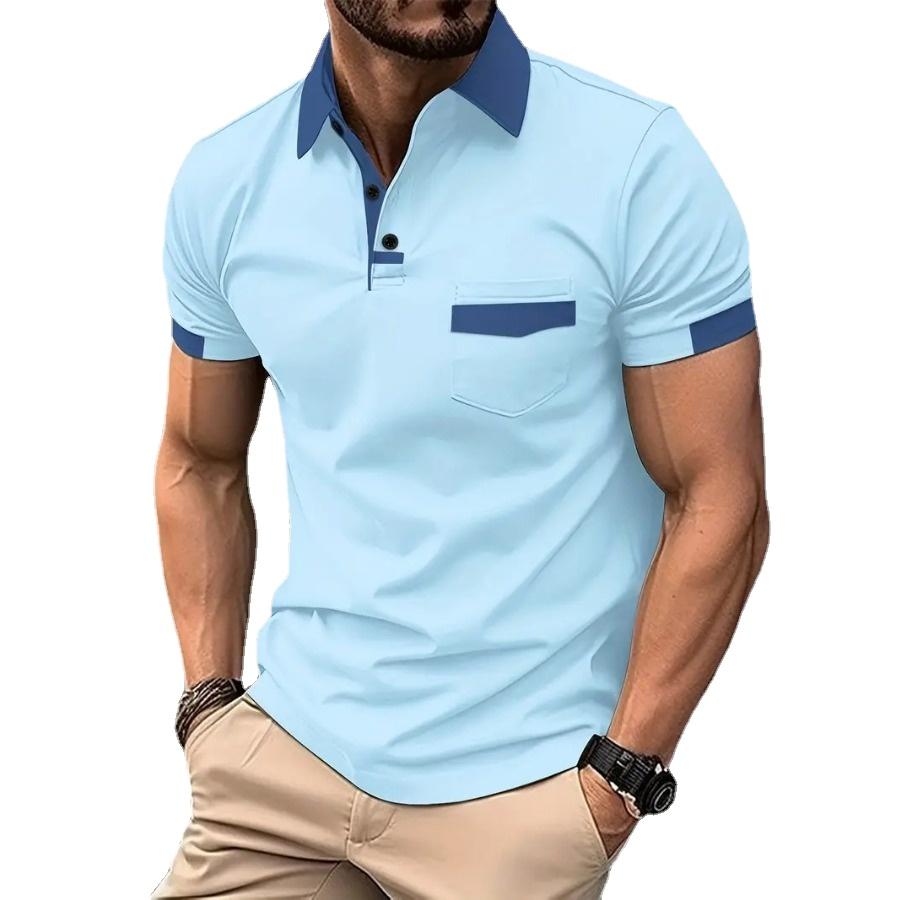 BOLIV MODA Zomer heren kleur patchwork zak poloshirt man sportpoloshirt met korte mouwen S wit