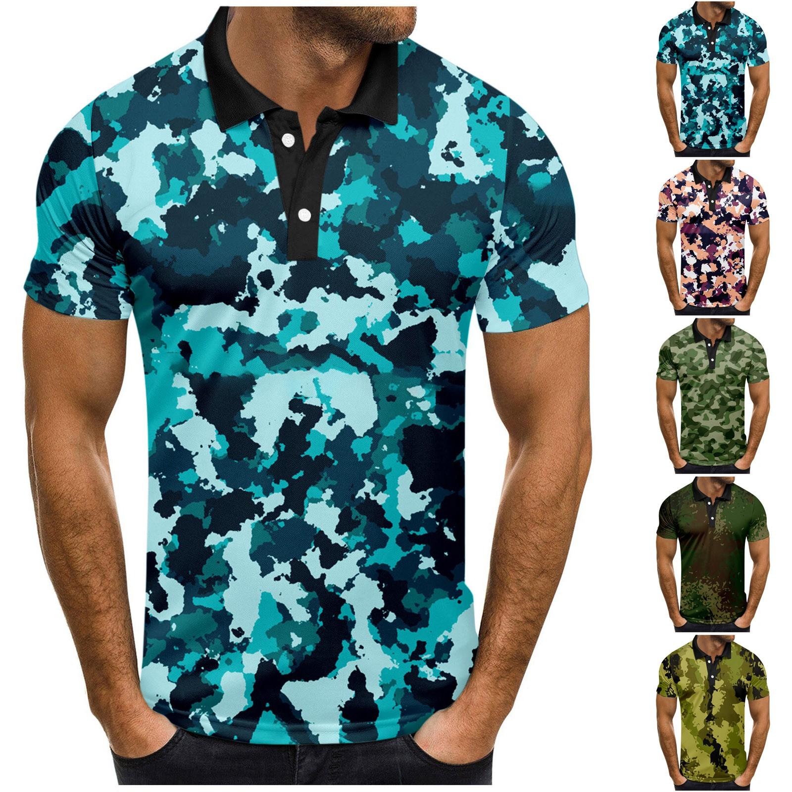 Timoduizhang Herenmode casual T-shirt met korte mouwen en camouflageprint met revers XXL blauw