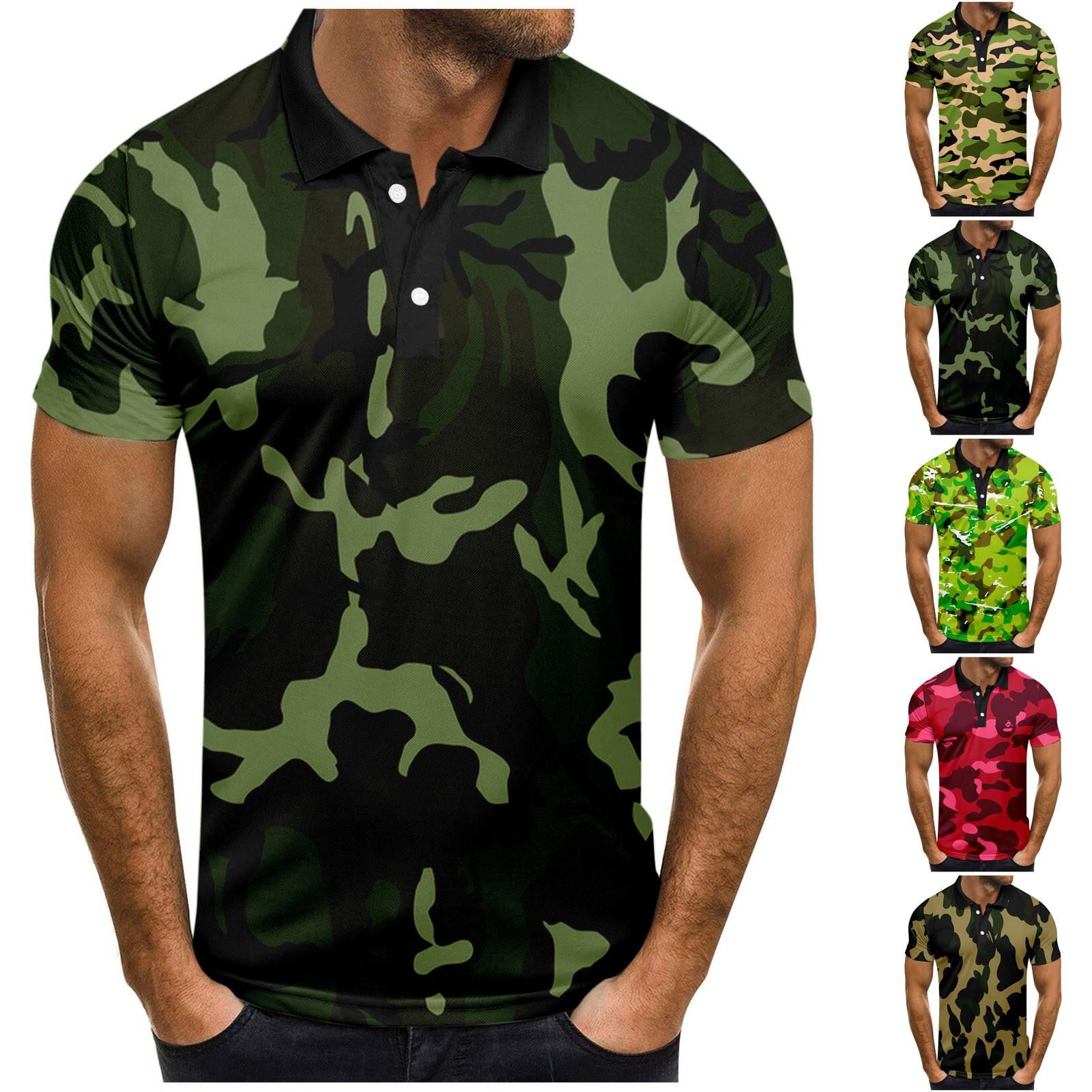 Timoduizhang Herenmode casual T-shirt met korte mouwen en camouflageprint met revers S camouflage