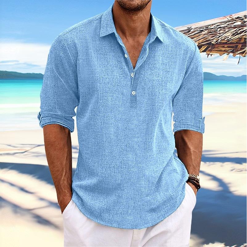 FengFeng Net Henley-shirts voor heren, lange mouwen, kraag, linnen, ademend, strand-hippie-T-shirts, losse pasvorm, zakelijk casual overhemd voor heren, getextureerde tops, overhemden S grijze kleur